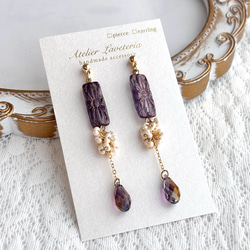 チェコビーズ レクタングル＆スワロフスキーしずくのロングイヤリング