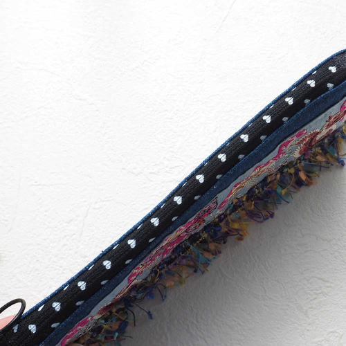 インド刺繍リボンとデニムのカラフルペンケース（リスとキノコの刺繍