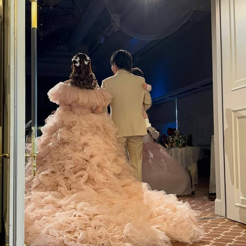 実例写真！カラードレス もも色 3ways 取り外しオフショルダー