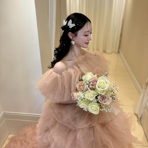 実例写真！カラードレス もも色 3ways 取り外しオフショルダー