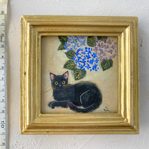 ミニ絵画 「黒猫と紫陽花①」 /原画 アート 紫陽花2025 絵画 紫苑工房