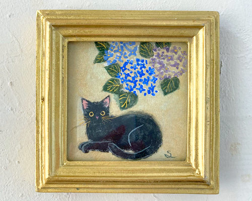 ミニ絵画 「黒猫と紫陽花①」 /原画 アート 紫陽花2025 絵画 紫苑工房