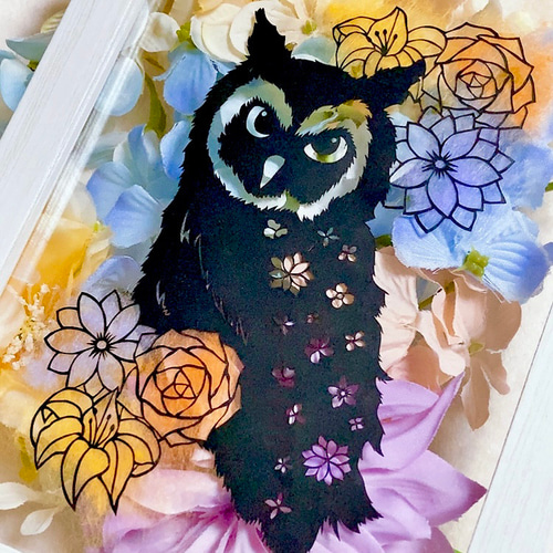 ふくろう フクロウ 梟 押花 押し花 切り絵 アップリケ