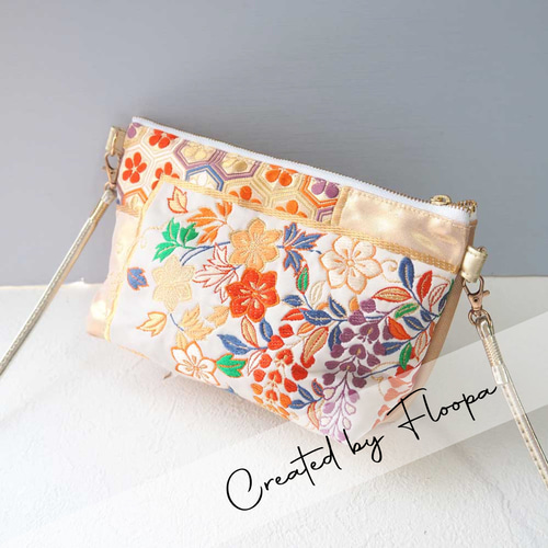 和装帯リメイクショルダーバッグ｜華やか花柄刺繍＆金襴｜一点もの