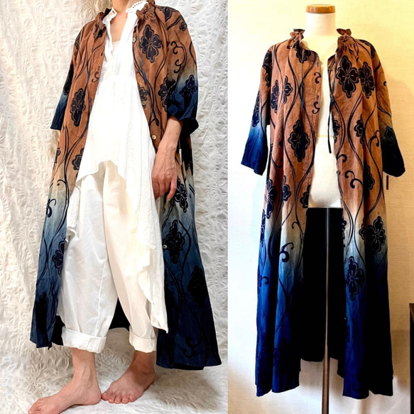 藍×柿渋染め 2wayグラデーション浴衣リメイクワンピース 着物リメイク