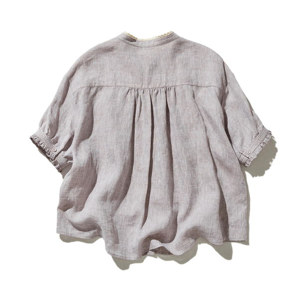 上品な着こなしに♪ リネン100% バンドカラーシャツ リネンブラウス 半袖シャツ　紫がかった灰色　250509-2 8枚目の画像