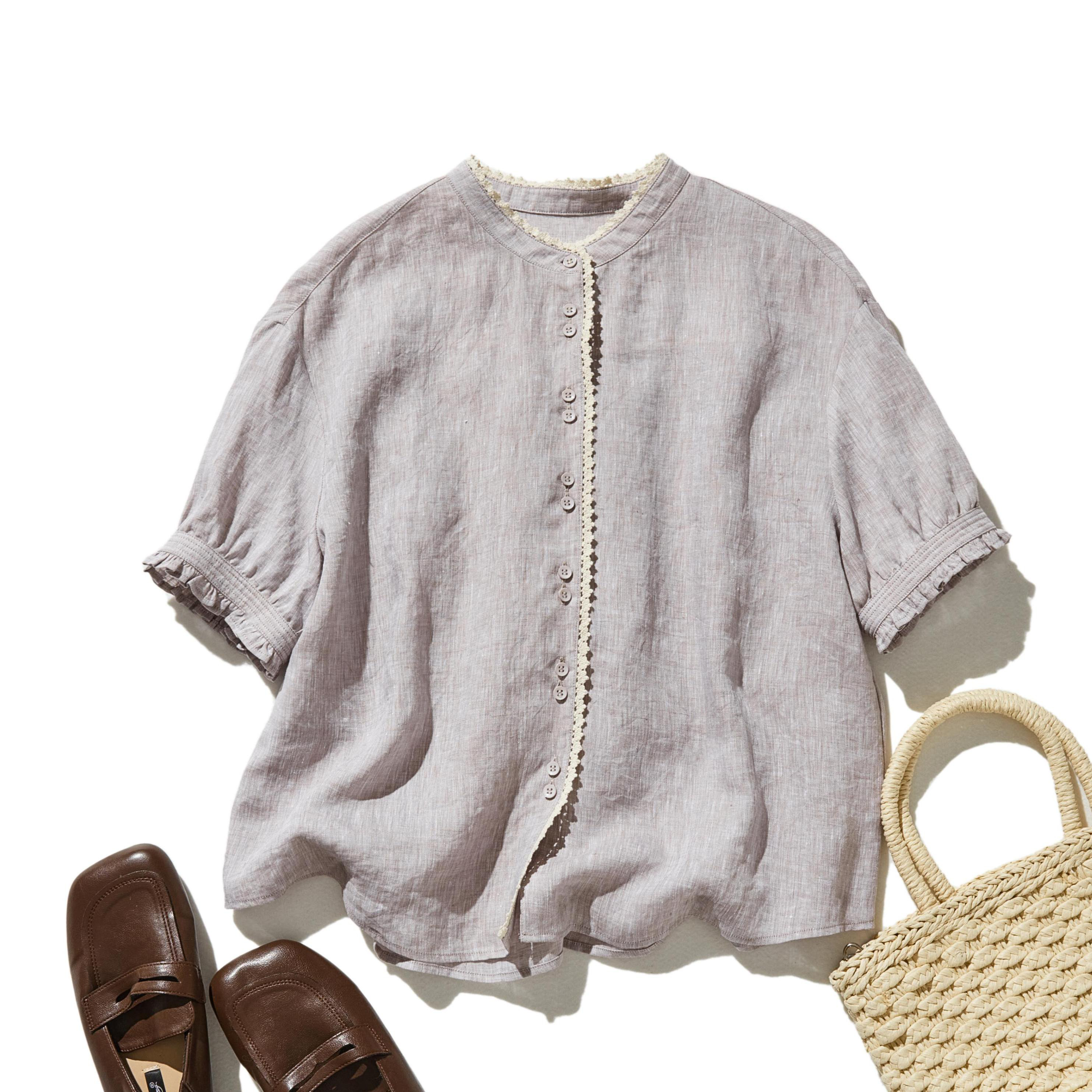 上品な着こなしに♪ リネン100% バンドカラーシャツ リネンブラウス 半袖シャツ　紫がかった灰色　250509-2