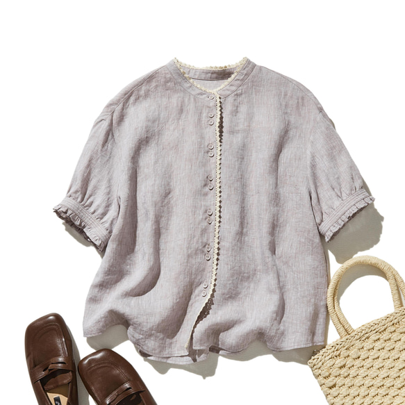 上品な着こなしに♪ リネン100% バンドカラーシャツ リネンブラウス 半袖シャツ　紫がかった灰色　250509-2 1枚目の画像
