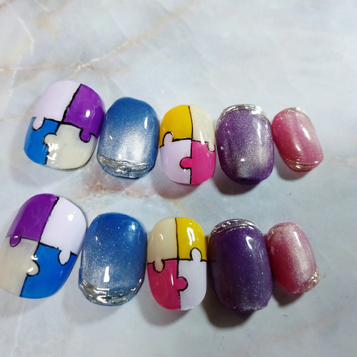 ジェルネイルチップ☆付け爪☆パズル×5ミクロンマグネット☆ニュアンス