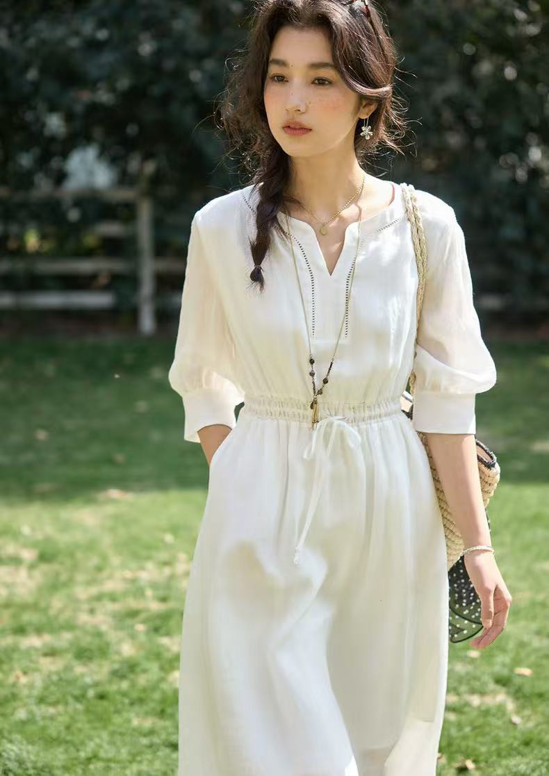 ベルト付きワンピース　ロングワンピース　7分袖　裏地付き　二色