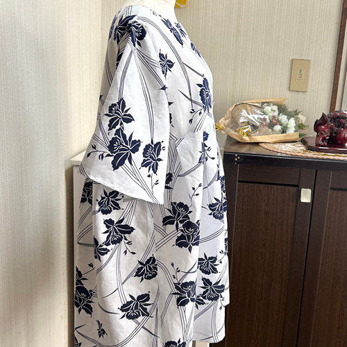 浴衣 反物 ハイウエスト 後ろVネック 五分袖 ワンピース 白地 蘭 着物