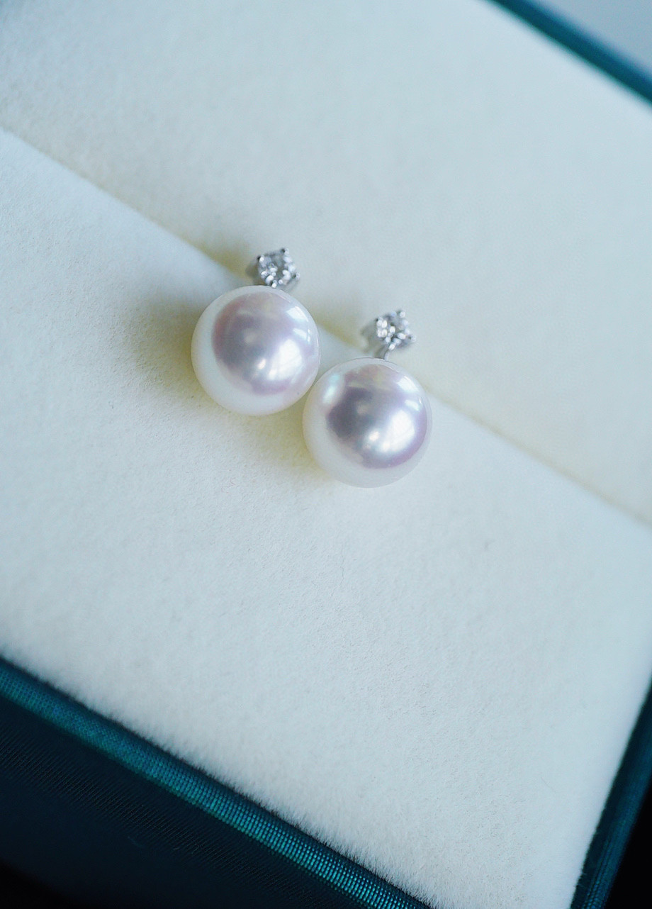 「幸運」K18 天然アコヤ真珠　健康・無垢・長寿・富・純潔・円満・完成　 ピアス　天然ダイヤモンド