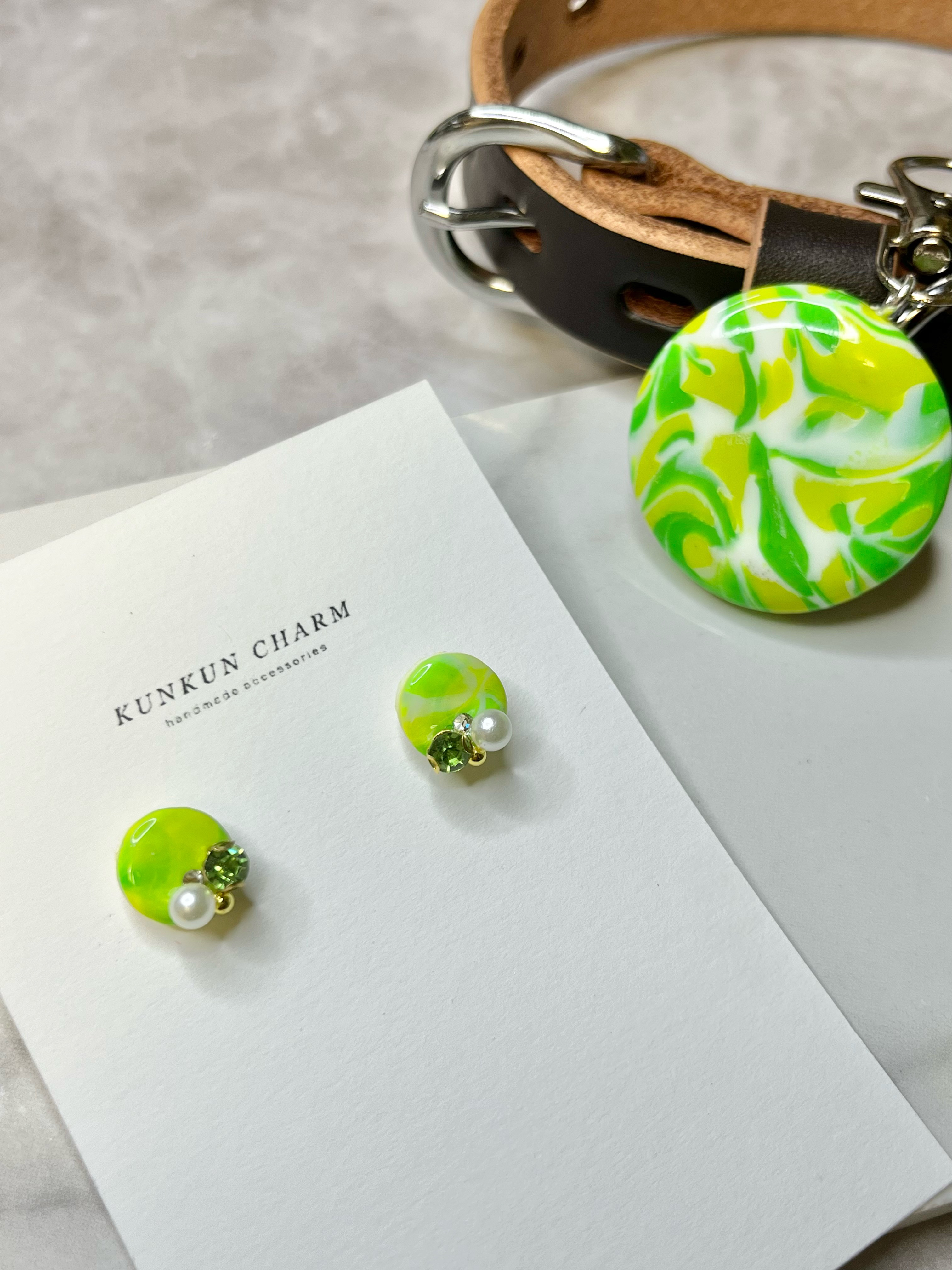 レトロポップな黄緑のチャーム&イヤリング（ピアス）【愛犬とお揃いアクセサリー】