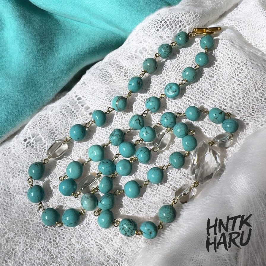 HNTK 大粒クリスタル＆マグネサイトターコイズ ロングネックレス　N0741