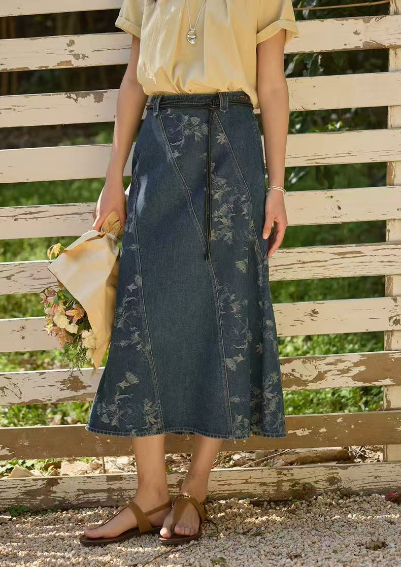 デニムスカート  Aラインスカート　花柄　ロングスカート
