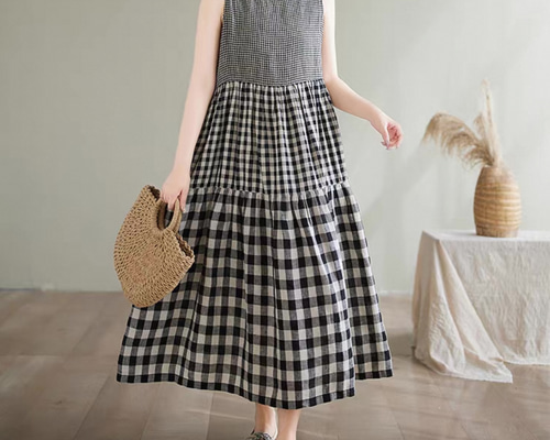 DAKS ダックス リネン ノースリーブ ワンピース ハウスチェック 麻 38 チェックワンピース ノースリーブワンピース 綿麻 大人カジュアル 冷感