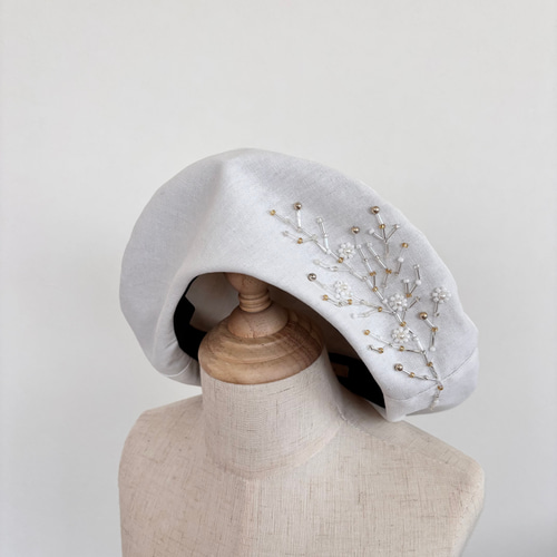 ビーズ手刺繍の綿麻ベレー帽 春夏レディース帽子 かすみ草 白】大きめ