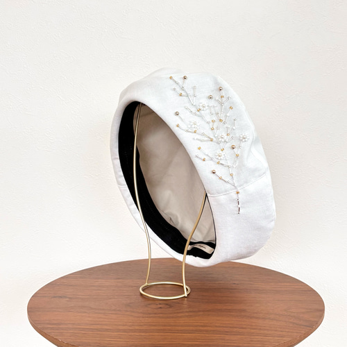 ビーズ手刺繍の綿麻ベレー帽 春夏レディース帽子 かすみ草 白】大きめ