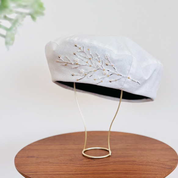 ビーズ手刺繍の綿麻ベレー帽 春夏レディース帽子 かすみ草 白