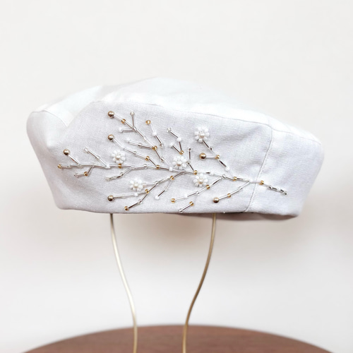 ビーズ手刺繍の綿麻ベレー帽 春夏レディース帽子 かすみ草 白】大きめ