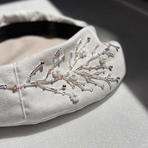 ビーズ手刺繍の綿麻ベレー帽 春夏レディース帽子 かすみ草 白】大きめ