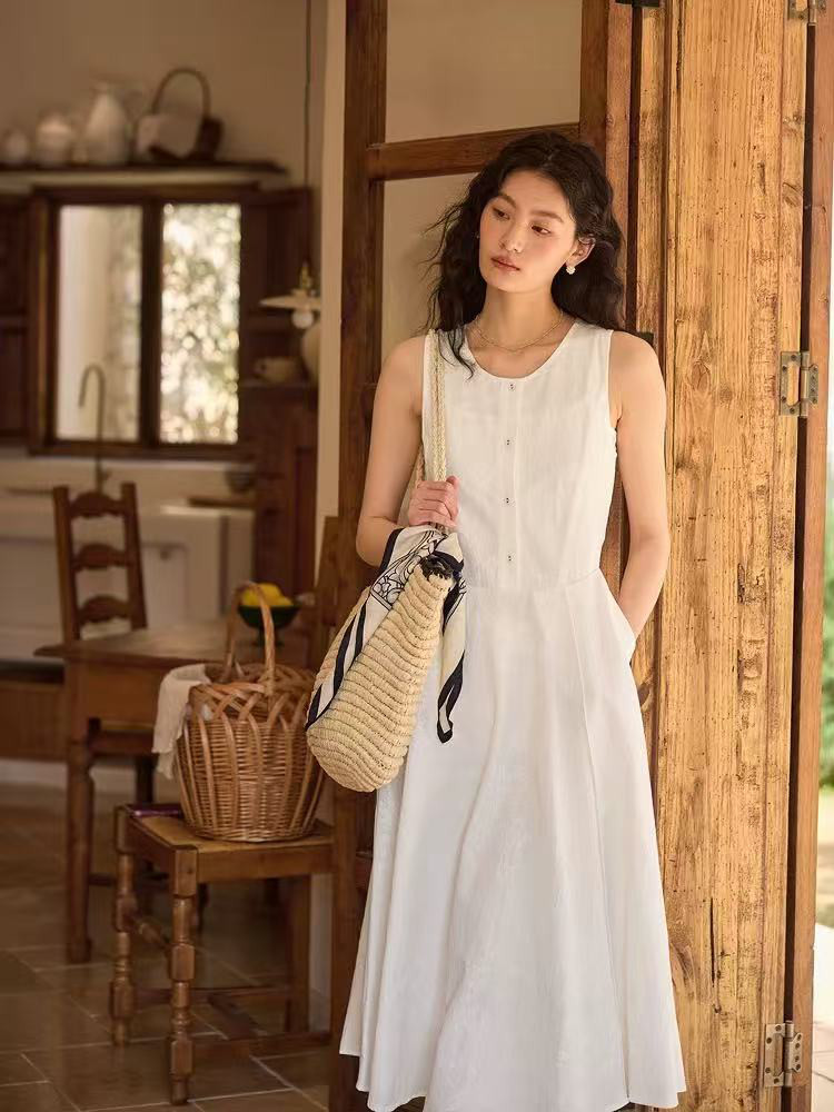 ノースリーブワンピース　ロングワンピース　ジャガード生地　ハイウェスト
