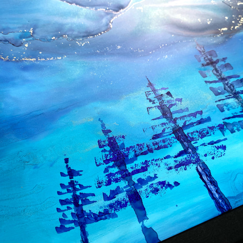 No.73 アルコールインクアート 原画 A4サイズ 絵 星 夜空 木