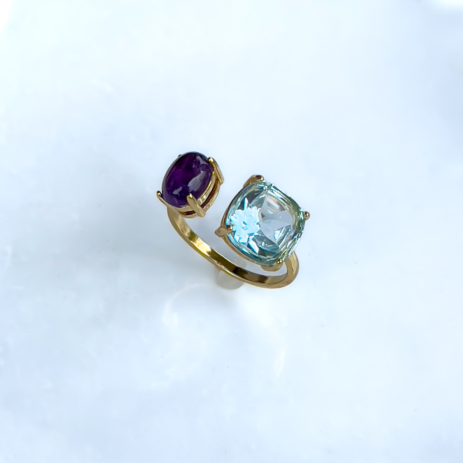 サイズ調整可能✨ 天然石　スカイブルートパーズとアメジストのリング　ギフトボックス入り