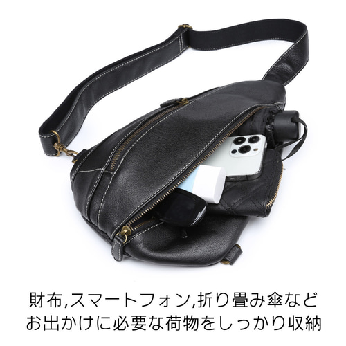 黒レザー ボディバッグ 白黒ストラップ waku ワク ショルダーバッグ メンズ レディース ミニバッグ