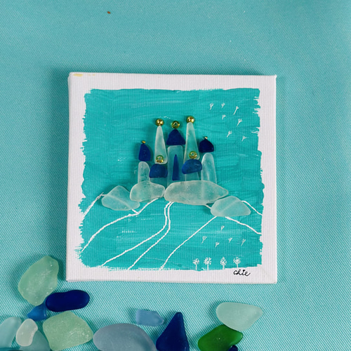 シーグラスアート no.68『お城』 インテリア ミニ額 キャンバスアート