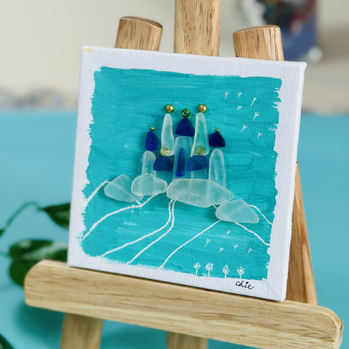 シーグラスアート no.68『お城』 インテリア ミニ額 キャンバスアート