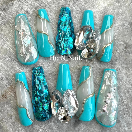 ターコイズ 水色 夏 ギャル 海 ネイルチップ ネイルチップ（つけ爪
