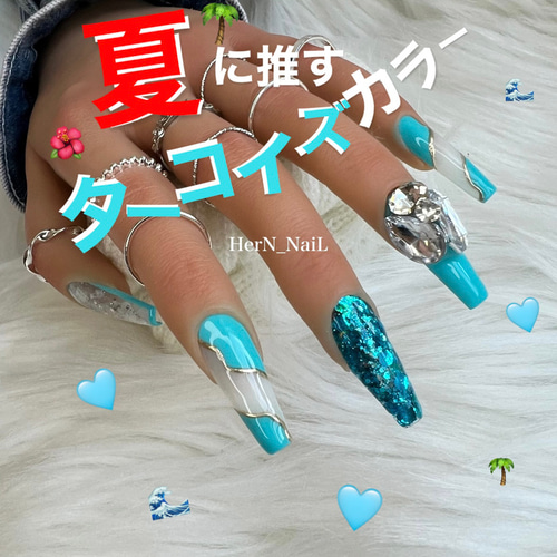 coconut様ご確認用☆オーダーネイルチップ ターコイズ 水色 夏 ギャル 海 ネイルチップ ネイルチップ（つけ爪
