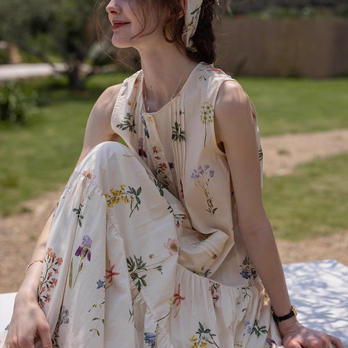 ノースリーブ 花柄 ティアードワンピース ロング パーティ S-XL 可憐な花柄 ノースリーブ ティアードロングワンピース【春夏秋