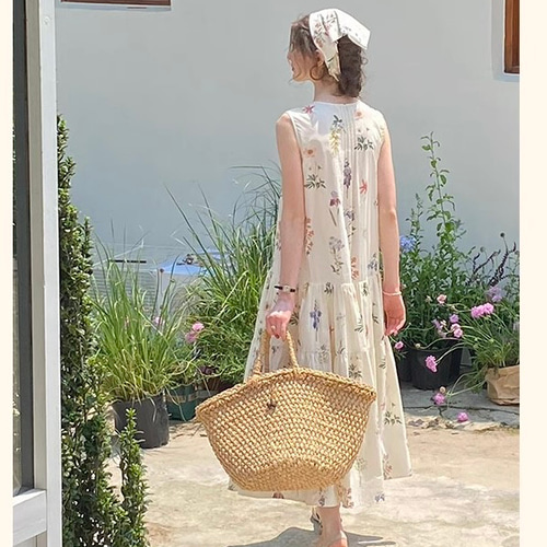 ノースリーブ 花柄 ティアードワンピース ロング パーティ S-XL 可憐な花柄 ノースリーブ ティアードロングワンピース【春夏秋