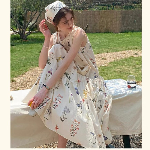 ロングワンピース ノースリーブ ティアード 花柄 Aライン 可愛い 可憐な花柄 ノースリーブ ティアードロングワンピース【春夏秋