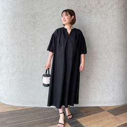 リネンコットン♡バスト120㎝ 超ゆったり&着やせ♡お袖レースコンビワンピース 黒【フリー】KMC-765 450927 10枚目の画像