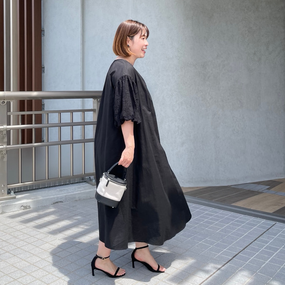 リネンコットン♡バスト120㎝ 超ゆったり&着やせ♡お袖レースコンビワンピース 黒【フリー】KMC-765 450927 8枚目の画像