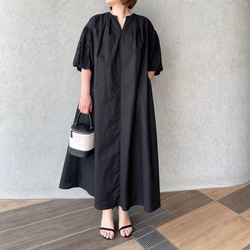 リネンコットン♡バスト120㎝ 超ゆったり&着やせ♡お袖レースコンビワンピース 黒【フリー】KMC-765 450927 2枚目の画像