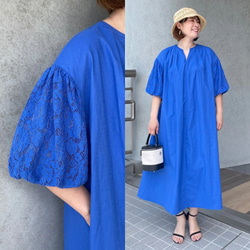 リネンコットン♡バスト120㎝ 超ゆったり&着やせ♡お袖レースコンビワンピース 黒【フリー】KMC-765 450927 11枚目の画像