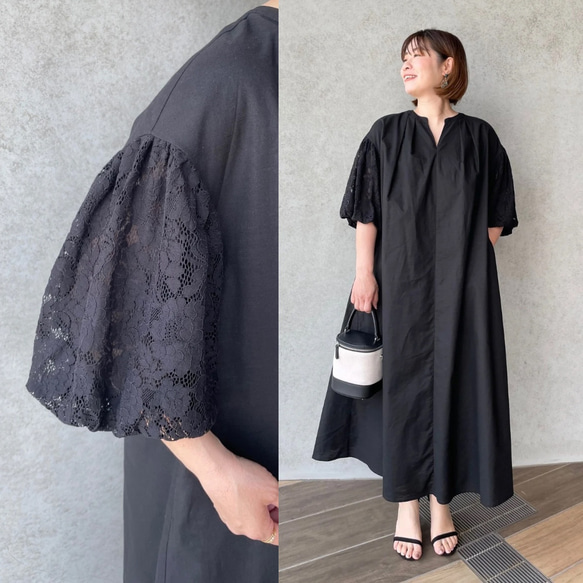 リネンコットン♡バスト120㎝ 超ゆったり&着やせ♡お袖レースコンビワンピース 黒【フリー】KMC-765 450927 1枚目の画像