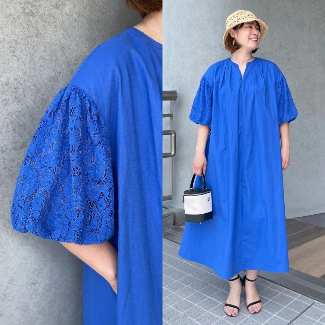リネンコットン♡バスト120㎝ 超ゆったり&着やせ♡お袖レースコンビワンピース 青【フリー】KMC-765 125618