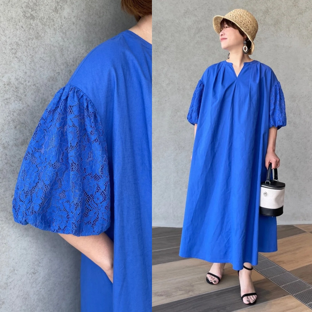 小柄S■リネンコットン♡バスト110㎝ 超ゆったり&着やせ♡お袖レースコンビワンピース 青■KMC-765 038793