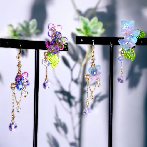紫陽花｜ゆらりんアシンメトリーピアス／イヤリング（ピンクブルー