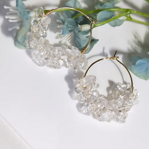 白水晶 原石フープピアス 白水晶 原石フープピアス クリアクォーツ 天然石 シルバーカラー