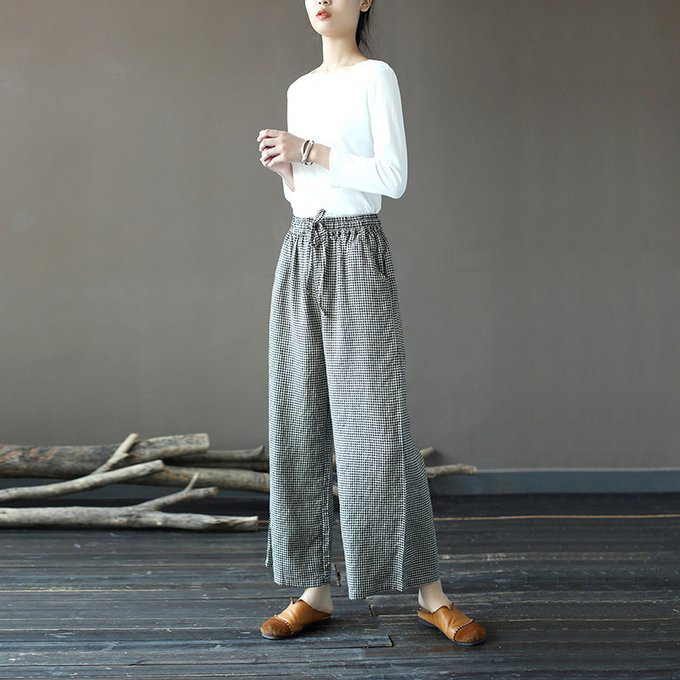 チェック柄 ロングパンツ　ラミー麻　ゆとりパンツ