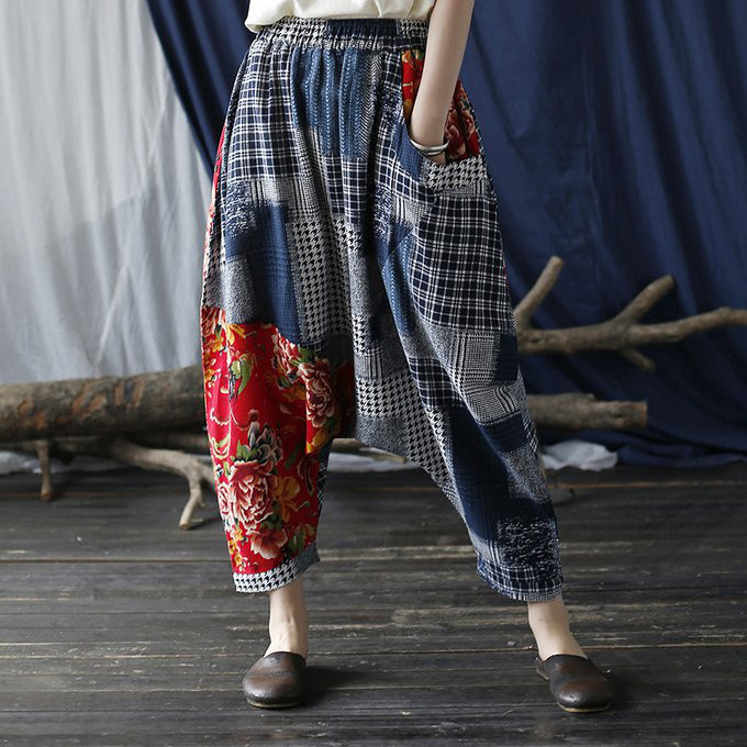 綿麻 お洒落なデザイン ゆとりロングパンツ