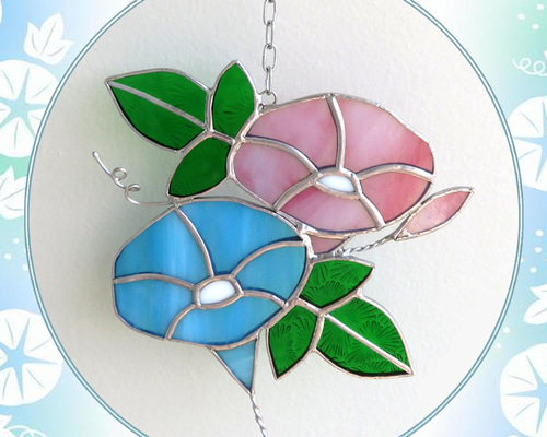 ステンドグラス 朝顔 ピンクとブルー サンキャッチャー pi-tyan 通販