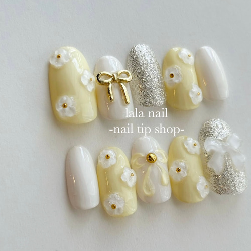 ネイルチップ リボンネイル ぽってりフラワーネイル ネイル