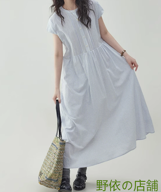 青格子のつぼみ袖純綿ワンピース夏の新作ゆったり減齢ロングスカート
